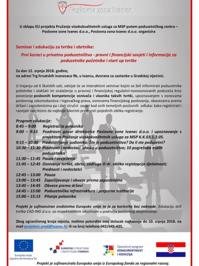 Seminar i edukacija za tvrtke i obrtnike u organizaciji Poslovne zone Ivanec
